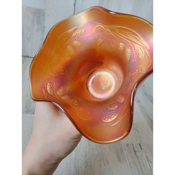 Fenton marigold Orange opalescent vase carnival leaf baseball vintage - Picture 3 of 8